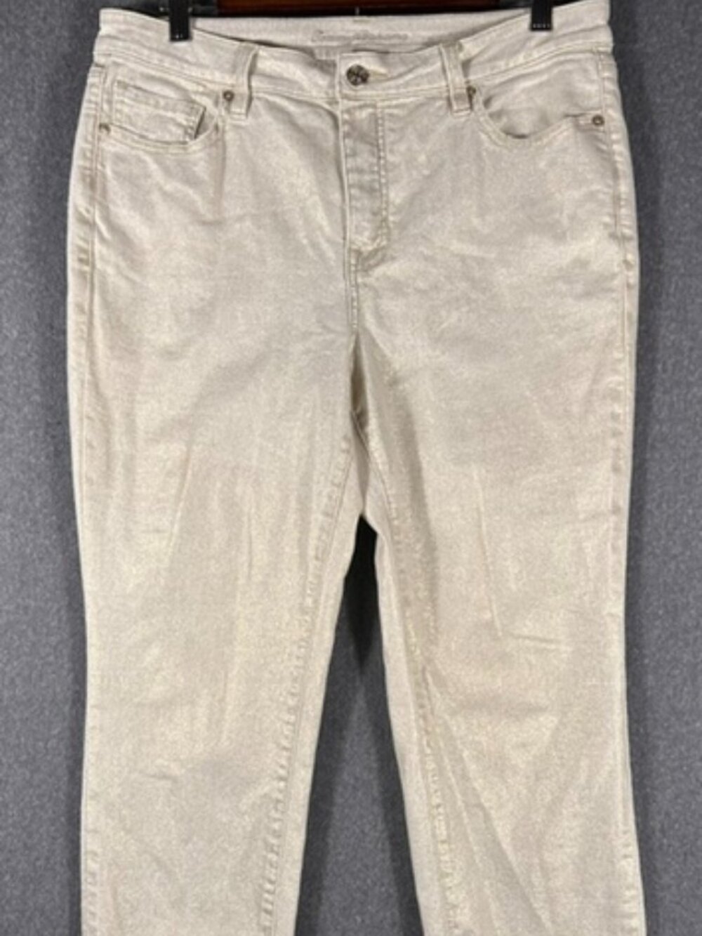 Tommy Bahama Ankle Jeans Women 33x27 Light Gold Denim Metallic Stretch High Rise